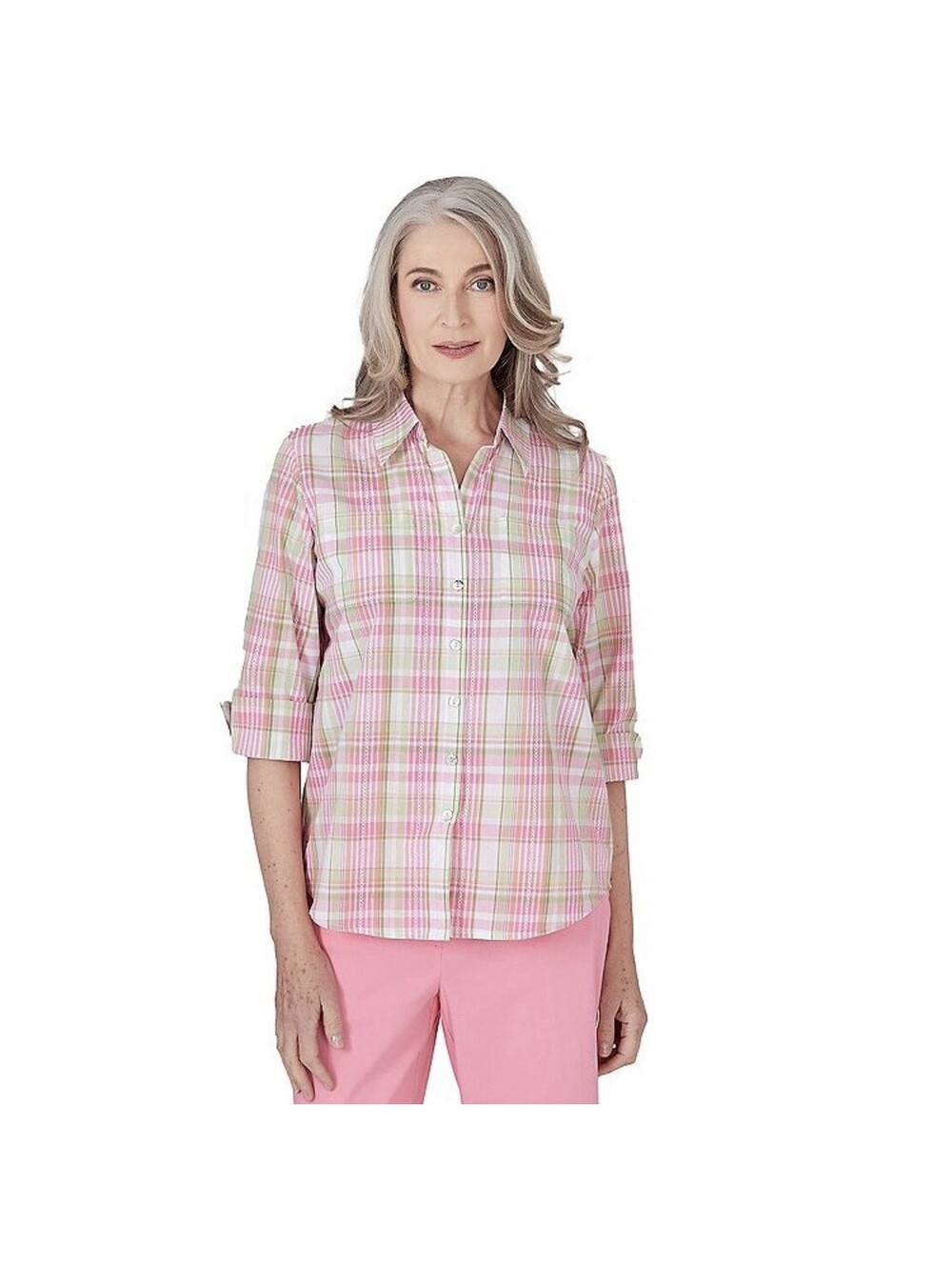 Alfred Dunner Shirt miami beach plaid striped button cotton womens pink lime NWT